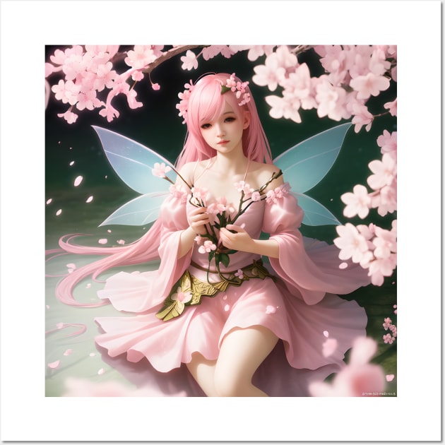 Beautiful Pink Sakura Flower Japanese Manga Girl Cherry Blossom Fairy Wall Art by Tina